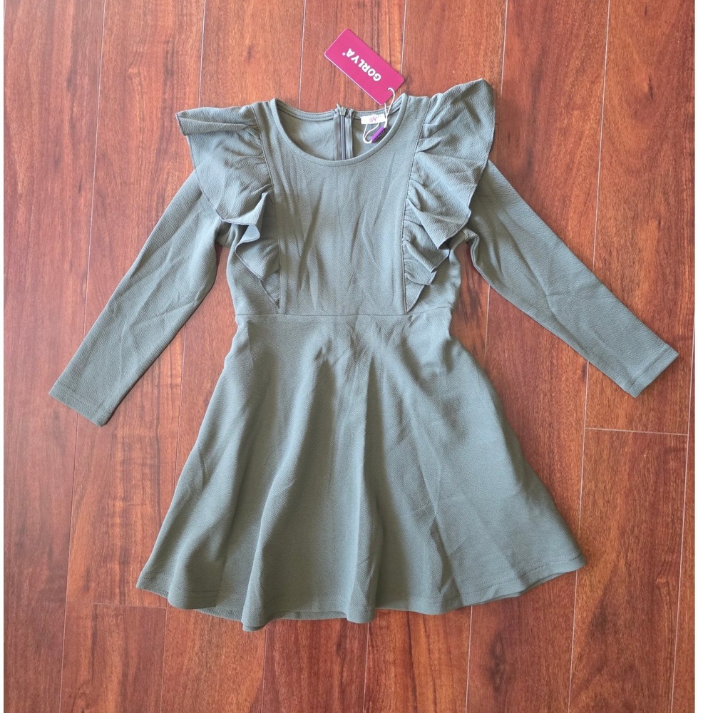 Gorlya Girls Olive Green Ruffle Long Sleeve Skater Dress with Pockets Size 12Y